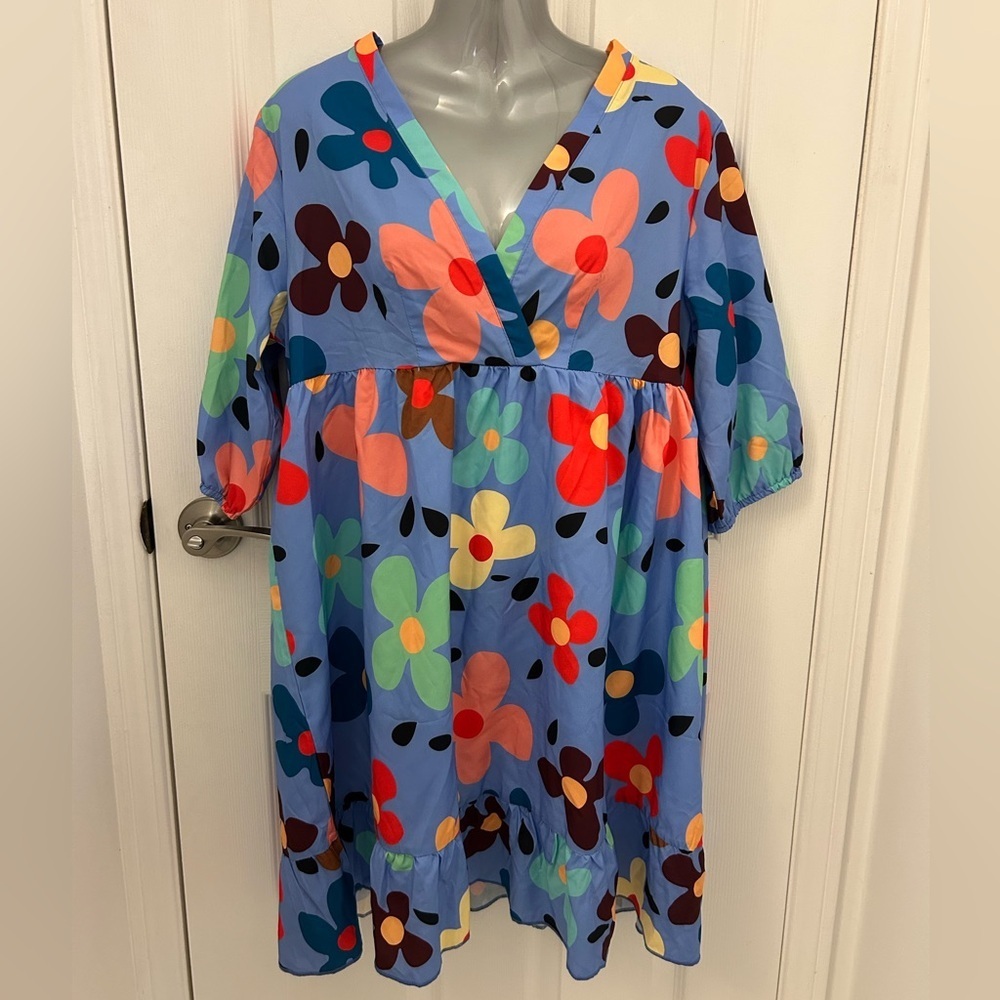 Bright Floral Blue Dress/Beach Cover, Sz L - Picture 3 of 8